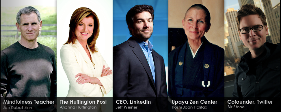 Picture of main speakers at Wisdom 2.0 Summit 2013 - Jeff Weiner, Arianna Huffington, Biz Stone, Joshi Roan Halifax